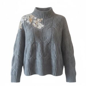 Liu Jo Gray Cable Knit Sweater with Floral Appliqué